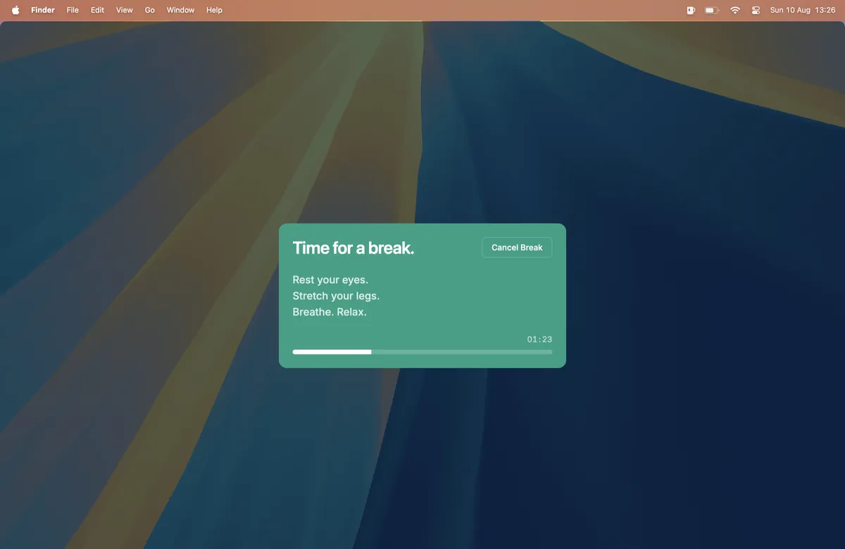 BreakTimer break notification on a Mac desktop